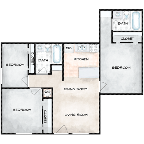 Floor plan for 3 beds, 2 baths, 1134 sqft